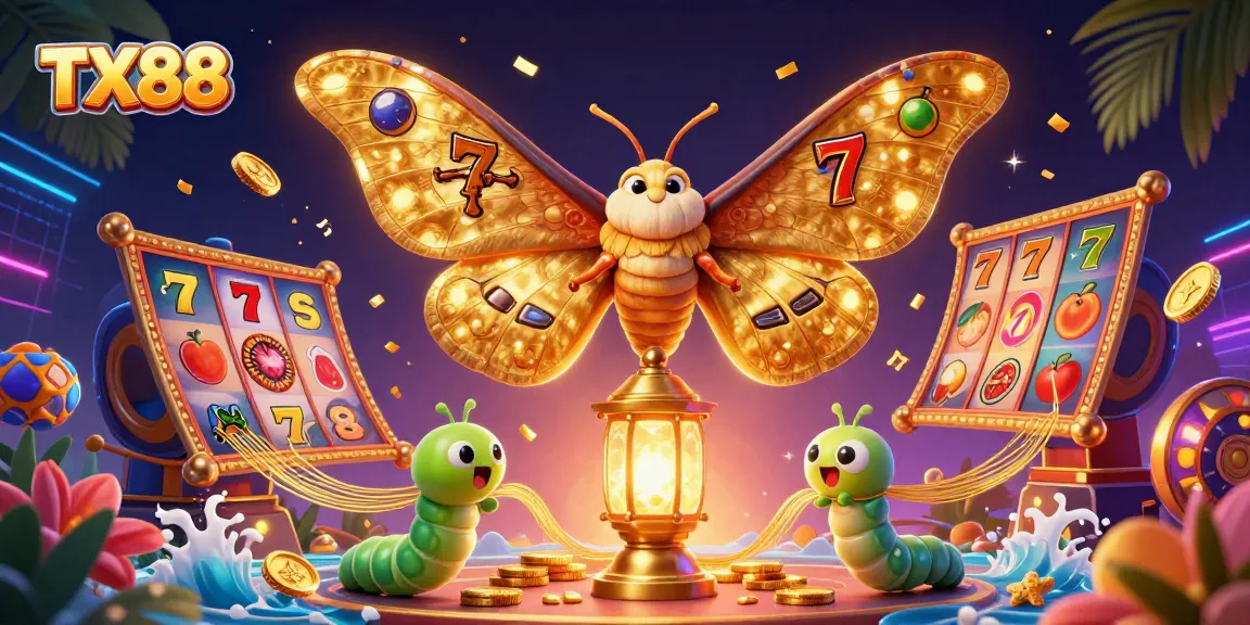 Engage with TX88-themed casino excitement featuring a vibrant moth amidst spinning slot reels and jackpot treasures.