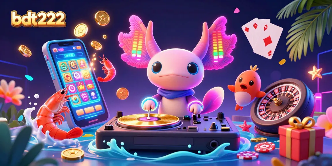 Spin and win at bdt222 with a neon 3D casino illustration featuring vibrant characters and gaming elements.