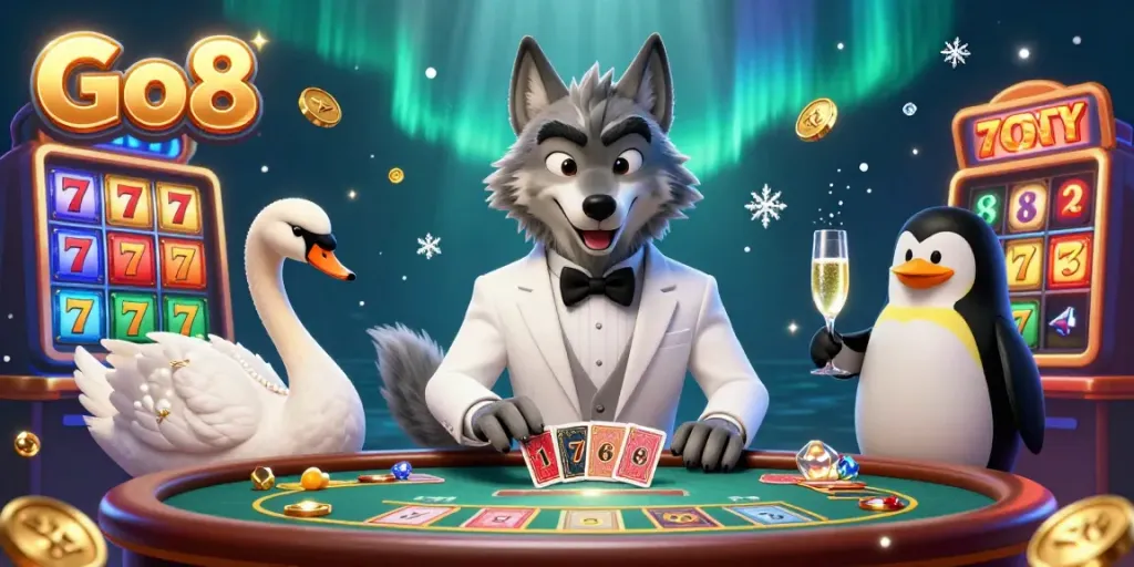 Engage in thrilling baccarat action with Go8's debonair wolf, swan dealer, and penguin sommelier amid dynamic casino elements.