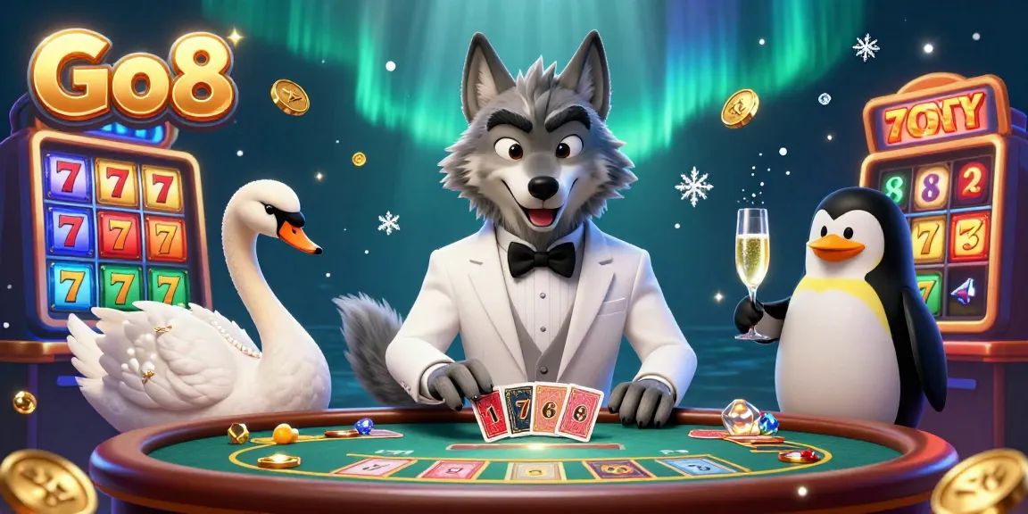 Engage in thrilling baccarat action with Go8's debonair wolf, swan dealer, and penguin sommelier amid dynamic casino elements.