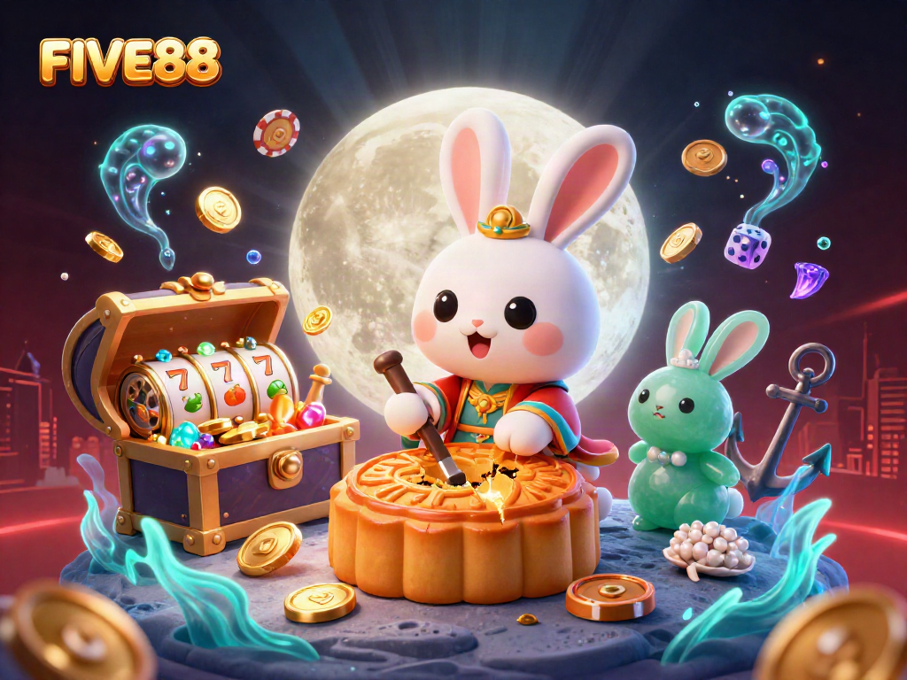 Experience exciting gaming with FIVE88 as moon rabbits reveal poker chips and casino treasures in a dynamic 3D scene.