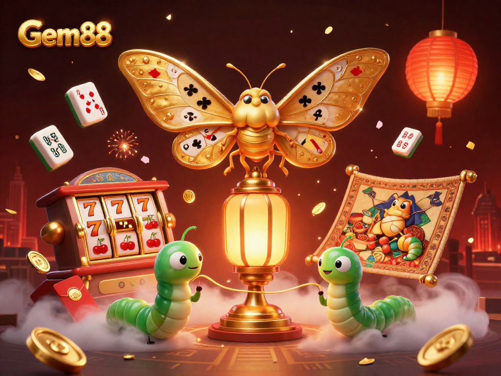 Experience Gem88 gaming magic with a vibrant illustration of slot reels, majestic moths, and festive décor.