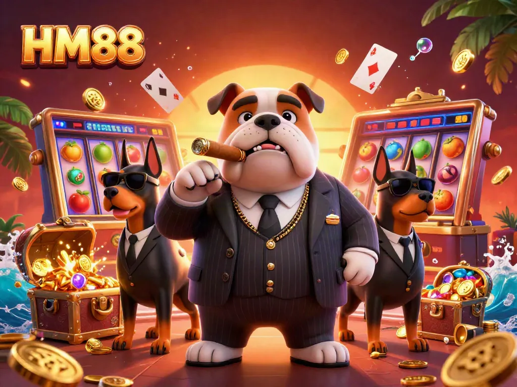 Engage with the HM88 casino experience in this vibrant 3D illustration showcasing a bulldog mafia boss and his Doberman bodyguards amidst breathtaking slot game elements.