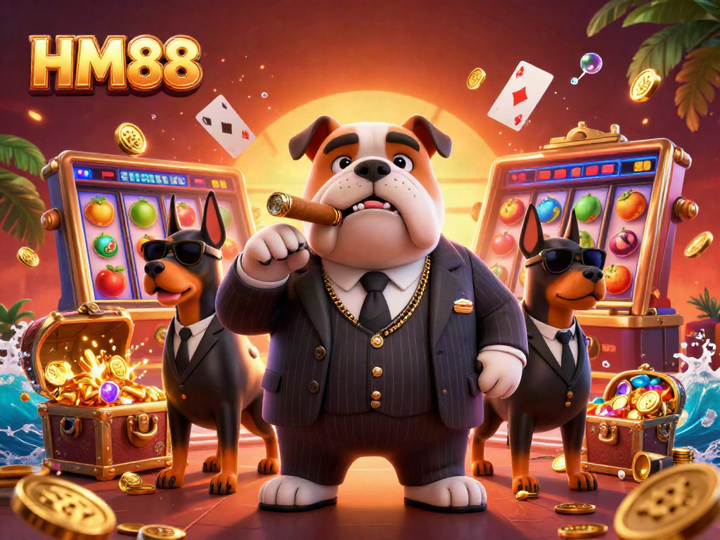Engage with the HM88 casino experience in this vibrant 3D illustration showcasing a bulldog mafia boss and his Doberman bodyguards amidst breathtaking slot game elements.