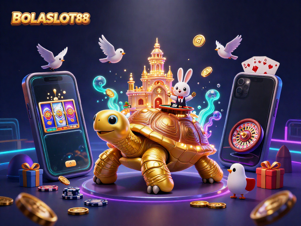BOLASLOT88 showcases a vibrant 3D scene with a tortoise casino, celebrating luck with coins and games.