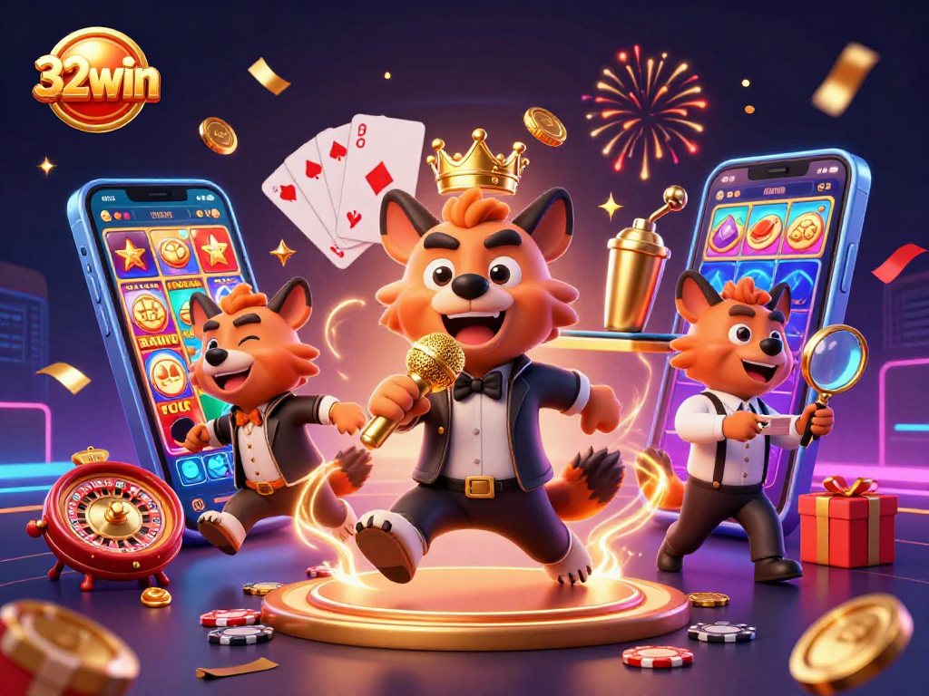 Engage in excitement with 32win as hyenas run a vibrant casino scene full of games and laughter.