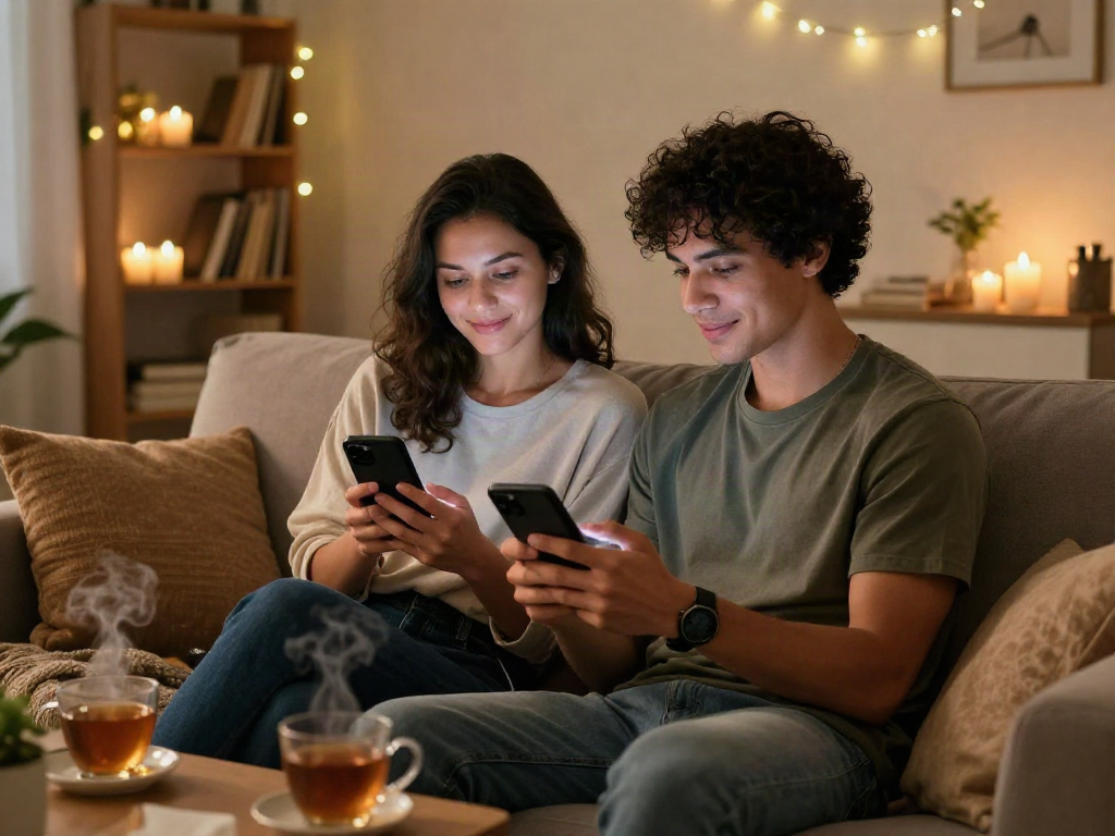 Sexting AI enhances intimate moments between partners in a cozy living room.