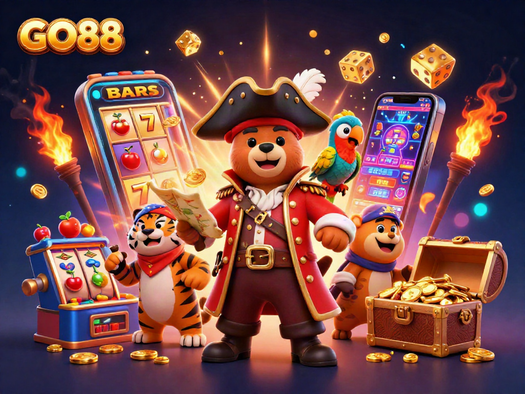 Experience thrilling gaming adventures with GO88, featuring dynamic scenes of jackpots and classic casino elements.