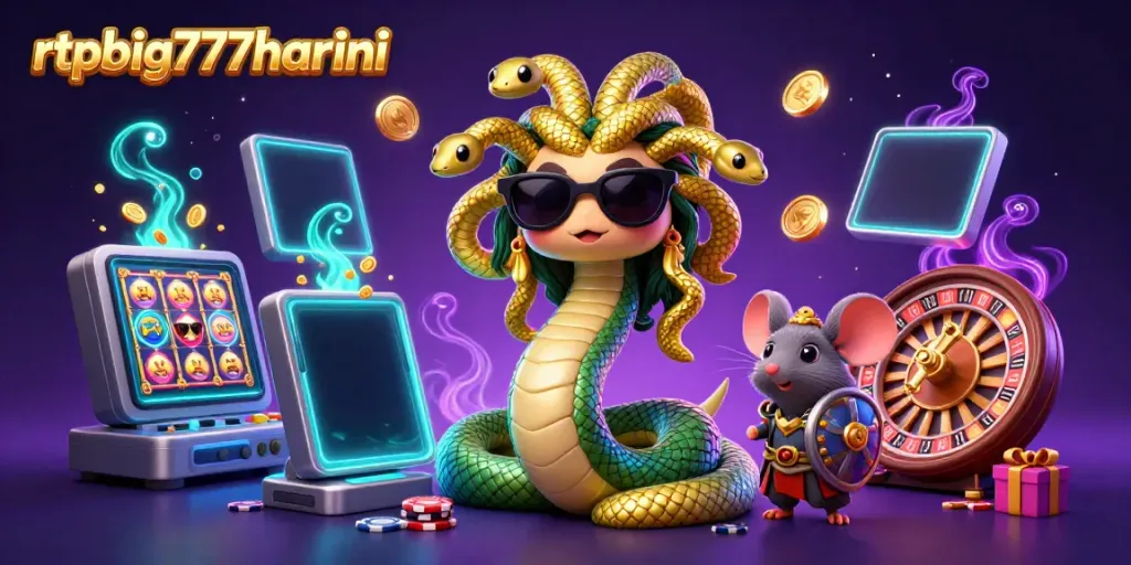 Play slots with rtpbig777hariini while enjoying wins from friendly characters in a vibrant casino scene.