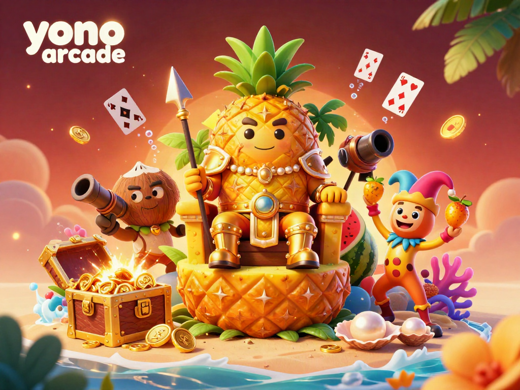 Experience yono arcade with a vibrant scene featuring a casino-themed pineapple king and tropical elements.