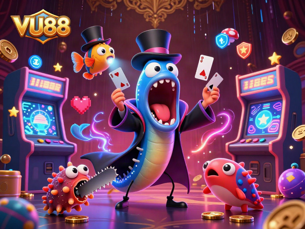 Experience VU88’s vibrant casino magic with sea creatures performing thrilling card tricks.
