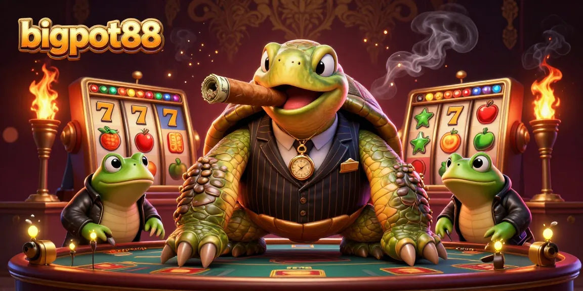 bigpot88 menampilkan karakter kura-kura besar dalam kostum mafia di antara gulungan slot dan simbol keberuntungan.