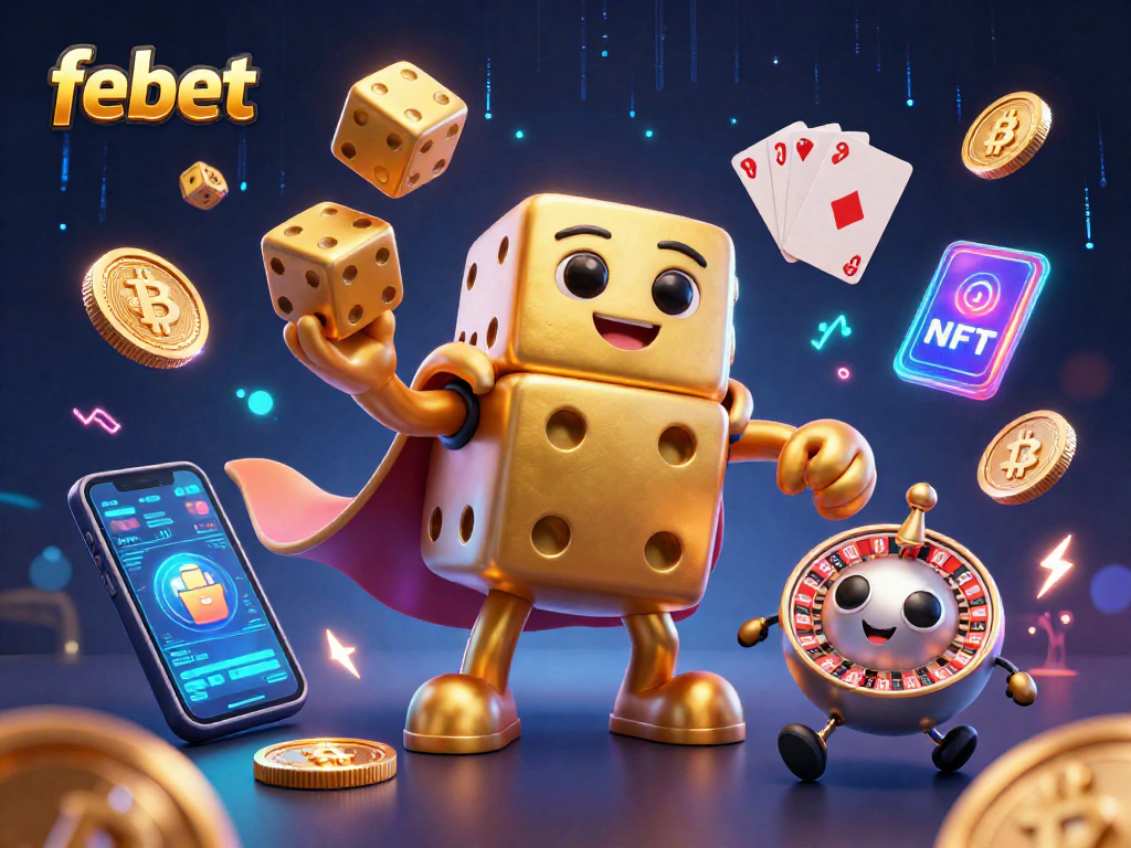 Bet on febet with vibrant 3D cartoon elements showcasing crypto coins and a golden dice golem.