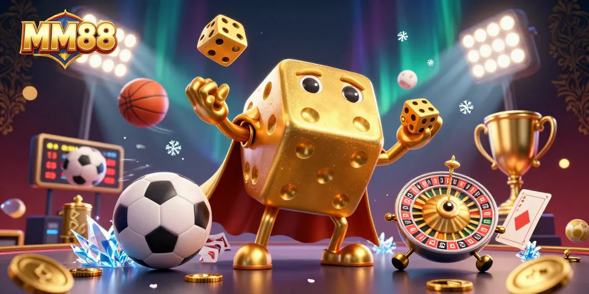 Experience MM88 with a vibrant scene of a golden dice golem and sports-themed casino action.