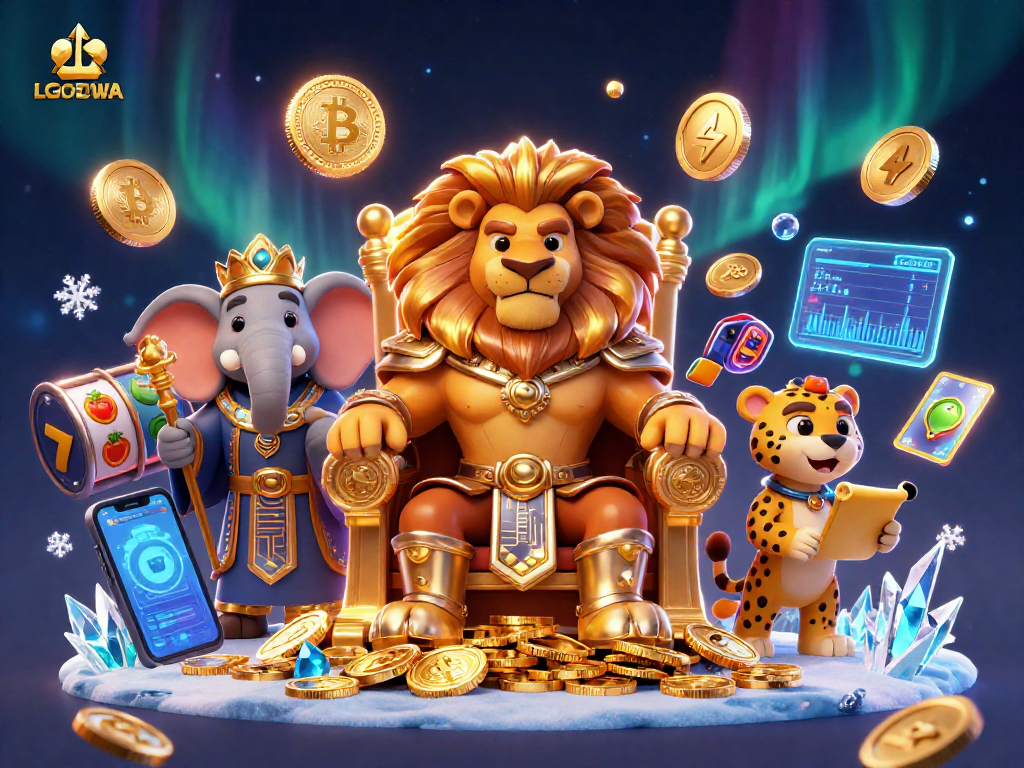 Engage with LGODEWA's dynamic casino scene showcasing a lion king and colorful slot elements.