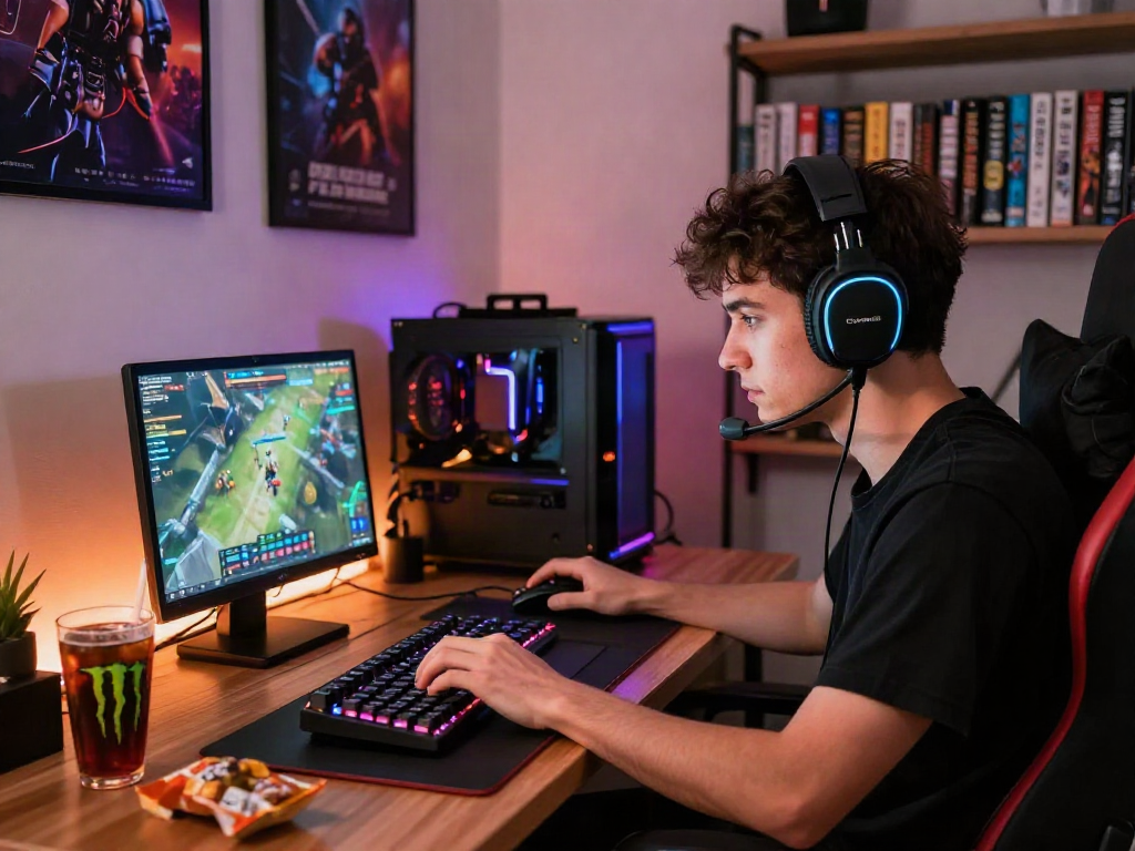 A80 online gaming scene with a player immersed in gameplay at a stylish home setup filled with accessories.