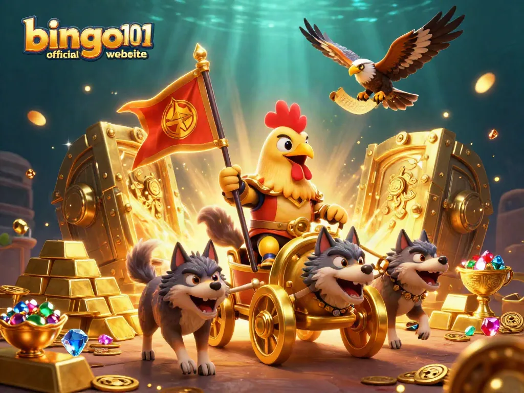 Engage with the bingo 101 official website featuring a vibrant casino-themed illustration with a dynamic rooster warlord.