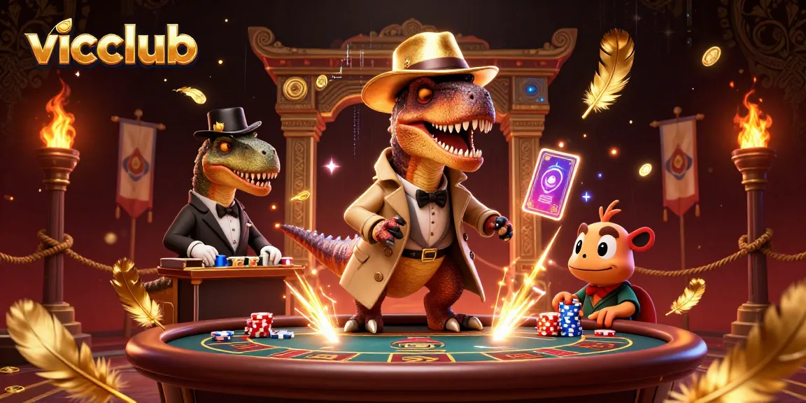 Join the action at vicclub with animated characters in a vibrant casino setting, showcasing card games and excitement.