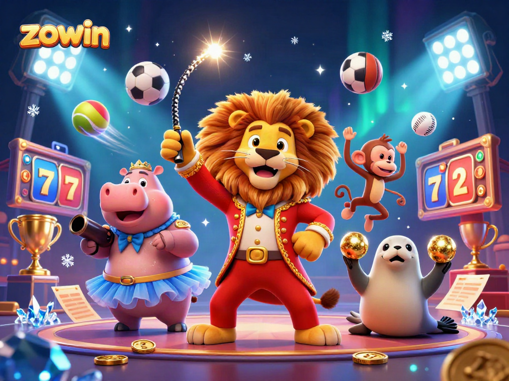 Zowin interactive gaming scene featuring colorful characters and dynamic casino elements