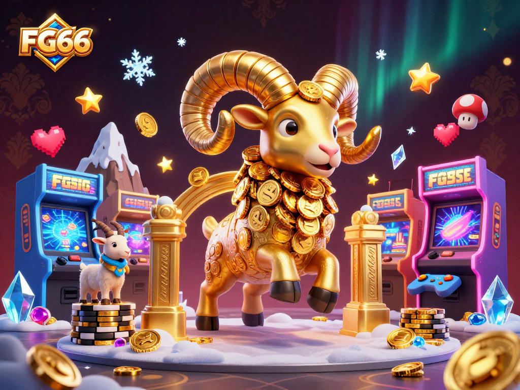 Engage with FG66 as a golden ram charges through a vibrant casino scene filled with gaming excitement.