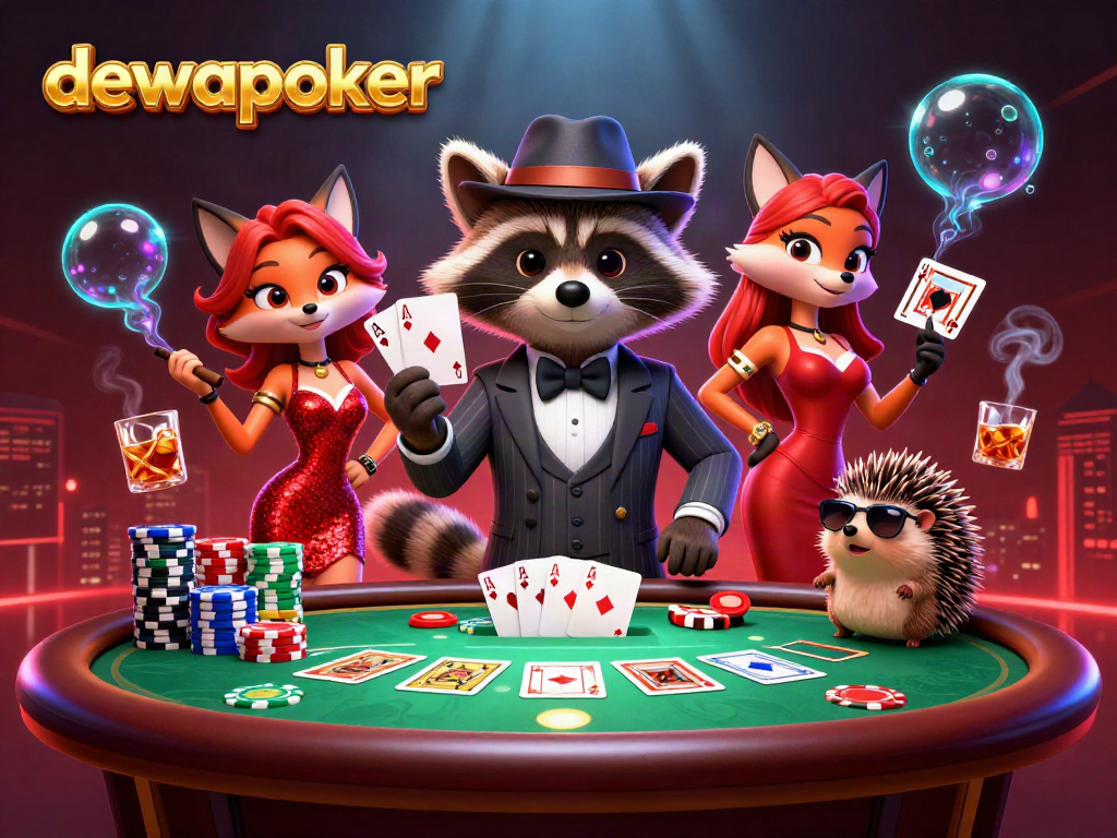 Experience the thrill of dewapoker with a royal flush hand and animated characters at a vibrant poker table.