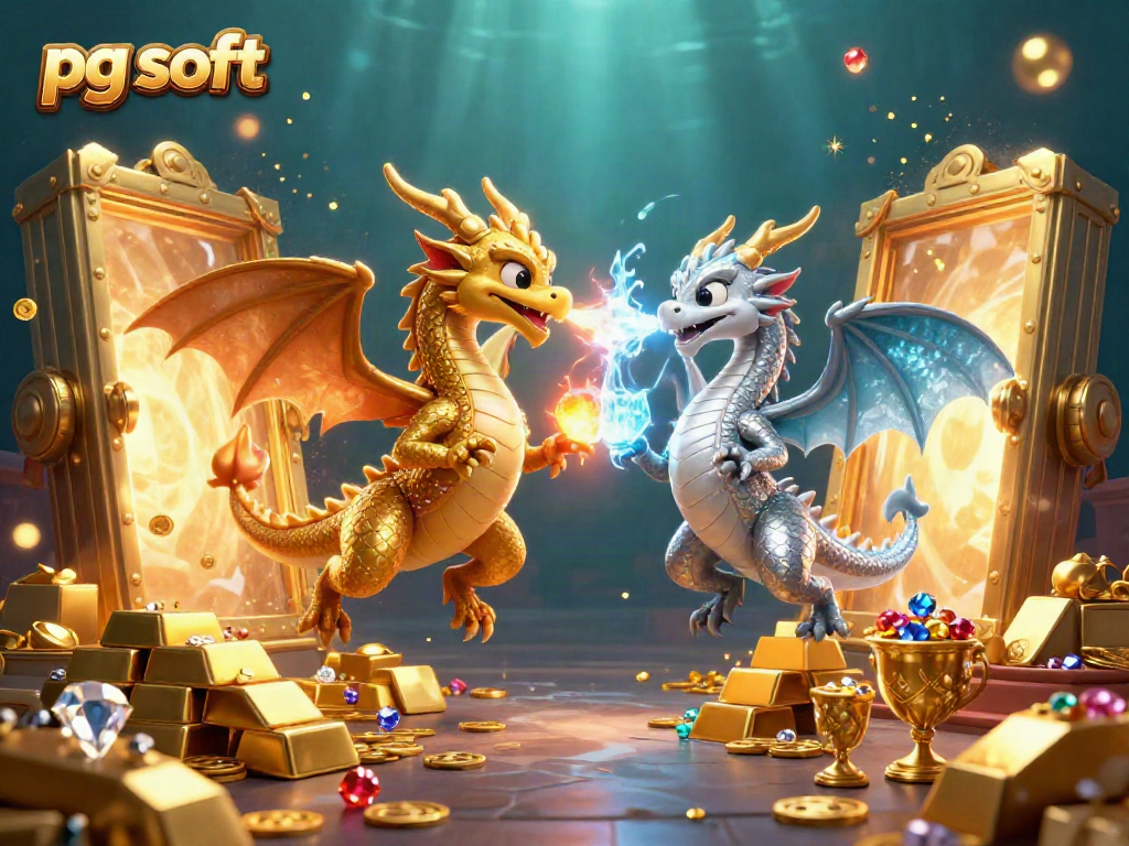 Engage with epic pg soft gaming action featuring golden and silver dragons amidst treasure.