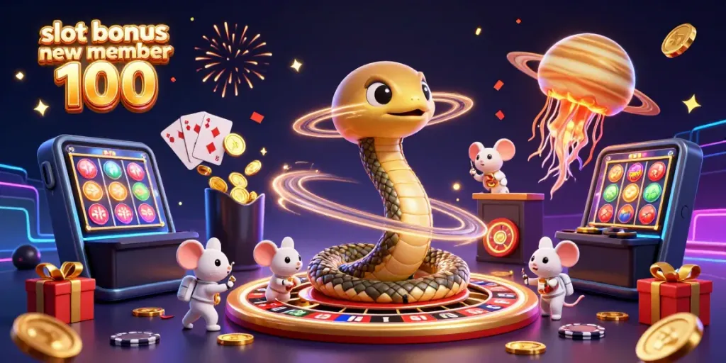 Experience the excitement of slot bonus new member 100 with astronaut mice betting in an illustrated cosmic casino.