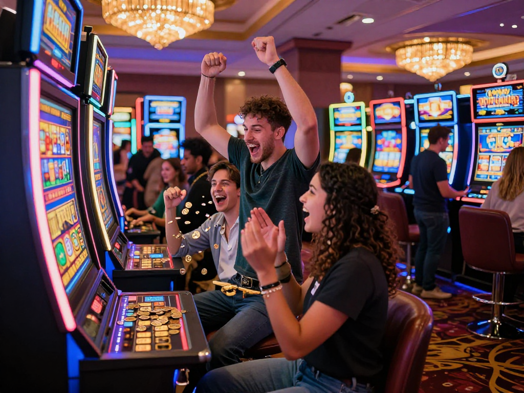 Excited player celebrating a win on a slot gacor machine in a vibrant casino, surrounded by friends and colorful lights.