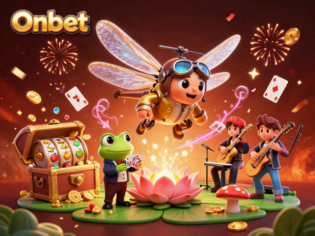 Join the Onbet casino experience with vibrant characters and exciting game elements in a colorful illustration.