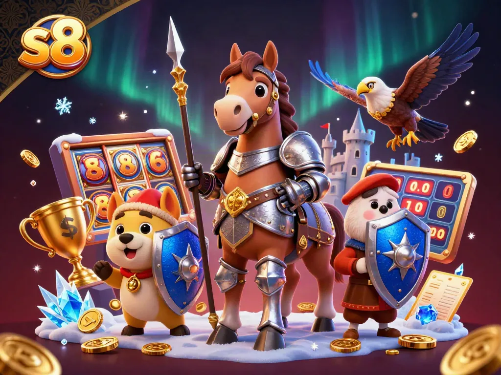 Spin the reels of s8 with thrilling jackpots, showcasing a medieval knight and fun casino elements.