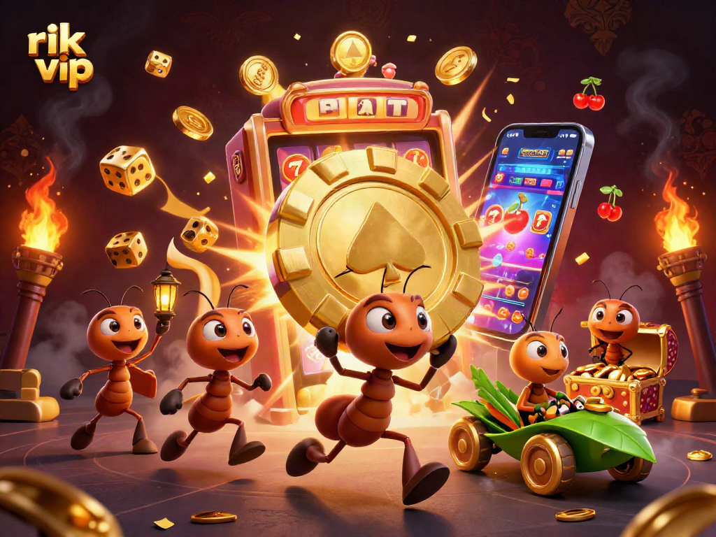 Experience the thrill of rik vip with ants heisting a giant poker chip amidst casino elements.