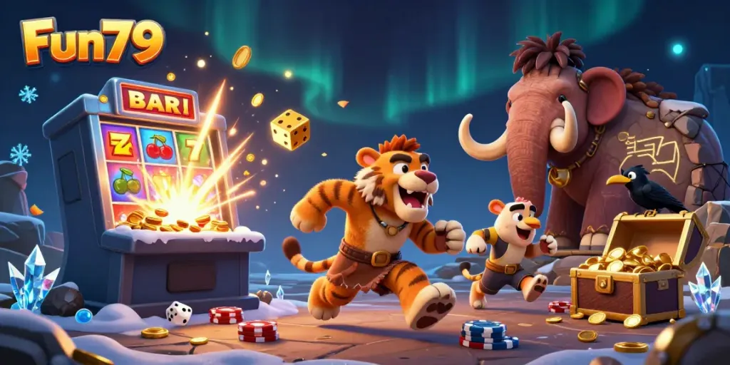 Experience dynamic gaming action with Fun79 in a vibrant 3D cartoon casino scene.
