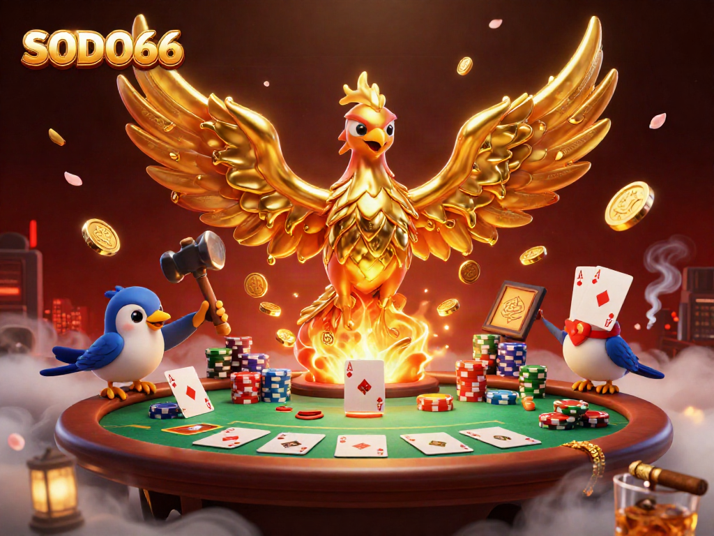 SODO66 poker table showcasing golden phoenix symbolizing luck and wealth in a vibrant casino scene.