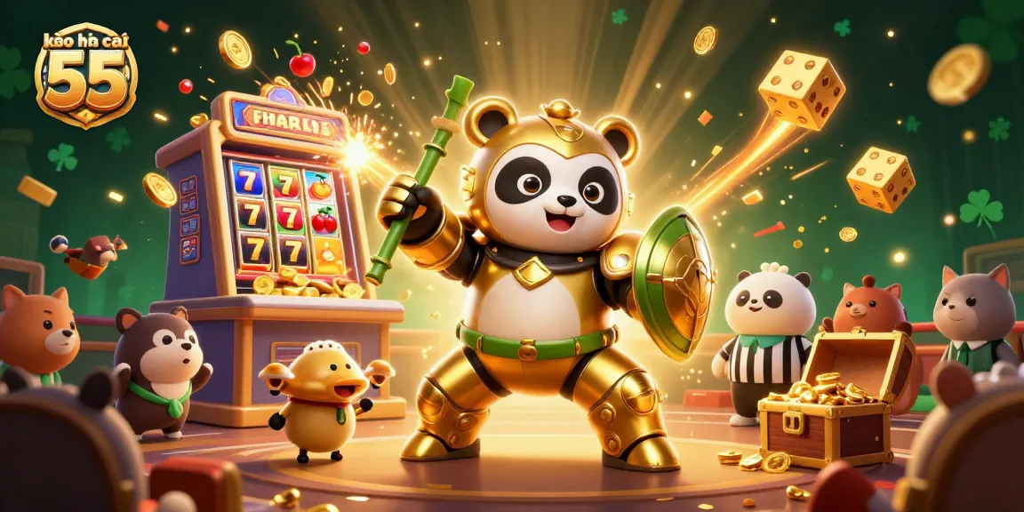 Engage with kèo nhà cái 55 as you witness an epic casino showdown with a golden panda and exciting gaming elements.