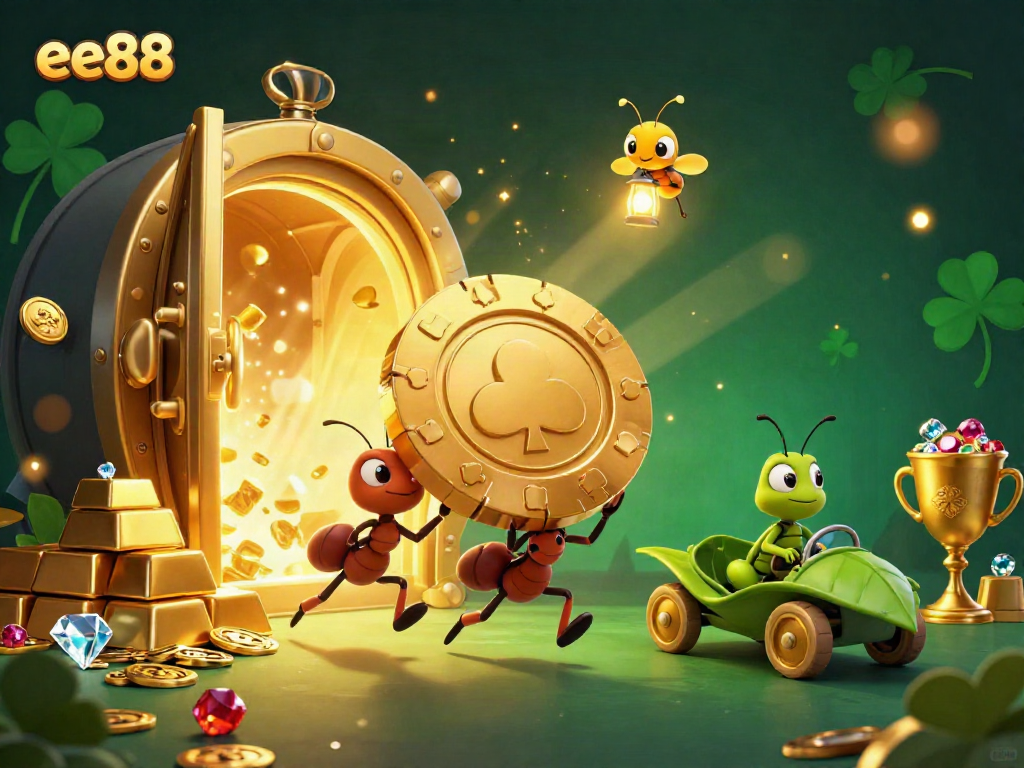 Ants carry a huge poker chip in this vibrant 3D casino illustration, showcasing ee88 excitement.