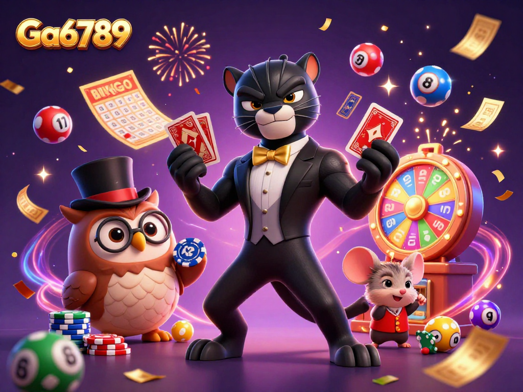 Ga6789 players winning as a stylish panther deals cards in a vibrant casino scene.