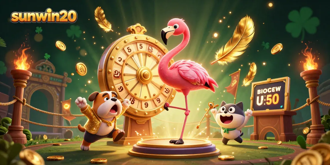 Spin the prize wheel with sunwin20 at this colorful casino scene featuring cartoon characters and vibrant game elements.