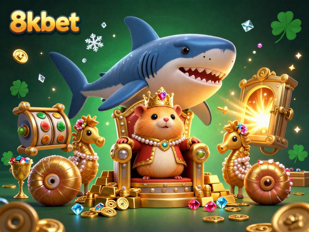 Experience thrilling casino gameplay with 8kbet featuring an imaginative scene of a golden hamster king in a treasure world.