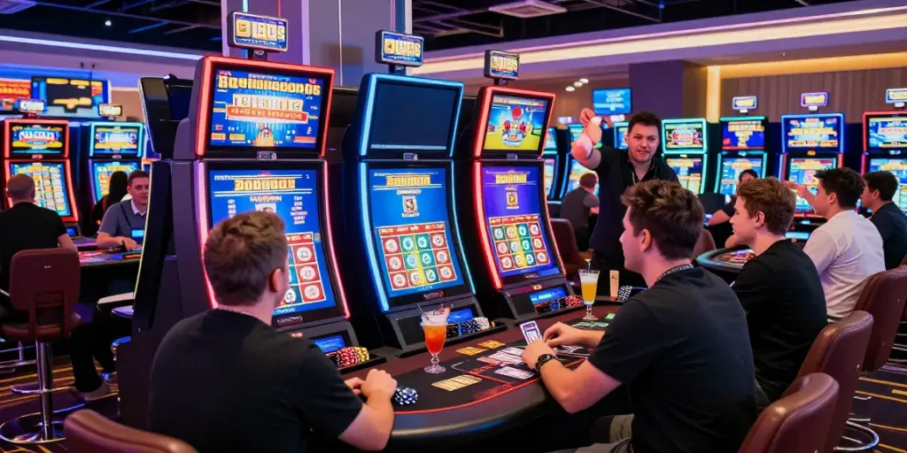 A vibrant casino scene with players at slot machines showcasing the excitement of akunjp online gambling.