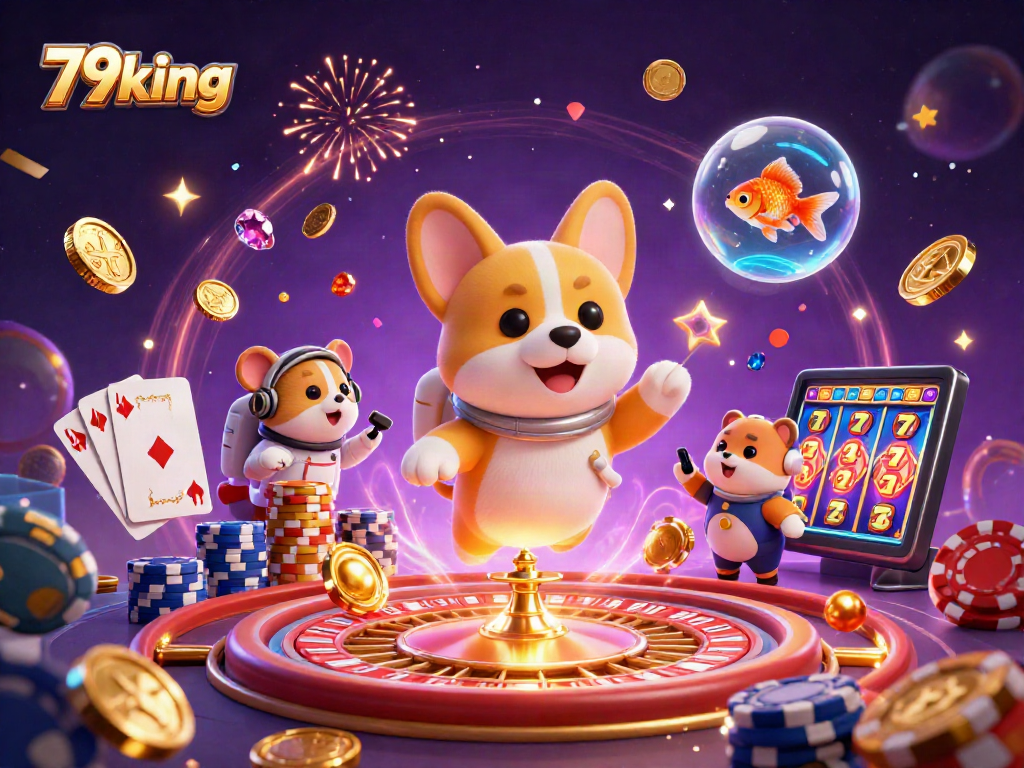 Experience the excitement of 79king with a lively casino scene featuring a playful corgi and vibrant gambling elements.
