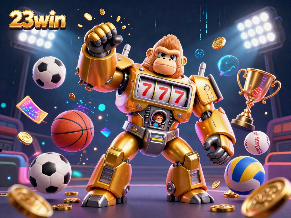 Experience the excitement of 23win with a dynamic gaming universe featuring a golden gorilla mech and sports elements.