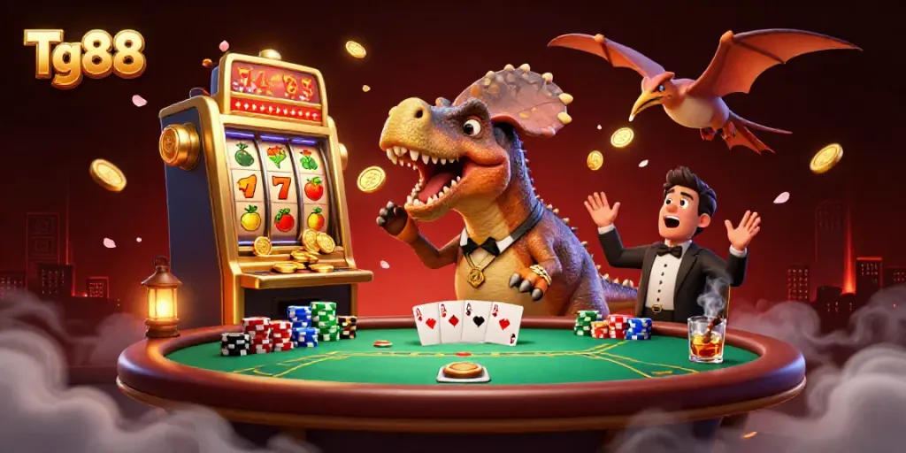 Tg88 casino scene with a pachycephalosaurus and golden slot machine, capturing jackpot excitement.