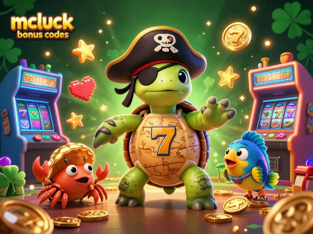 Engage with mcluck casino bonus codes through this vibrant 3D scene of a pirate turtle supporting slots and gold treasures.