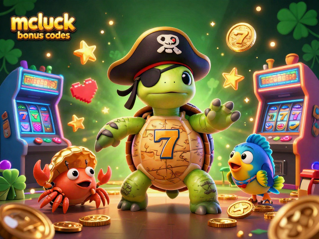 Engage with mcluck casino bonus codes through this vibrant 3D scene of a pirate turtle supporting slots and gold treasures.