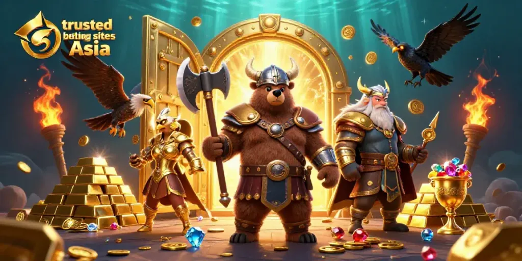 Win big with trusted betting sites Asia featuring Viking bear and Valkyrie in a magical treasure scene.