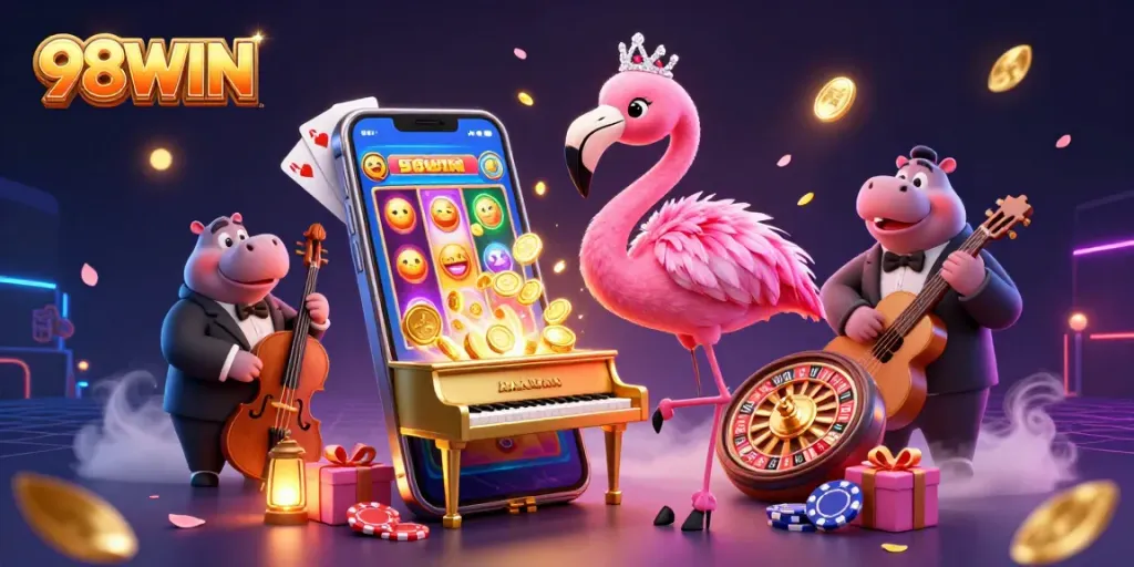 Experience the excitement of 98WIN with a vibrant casino scene featuring colorful games and lively characters.