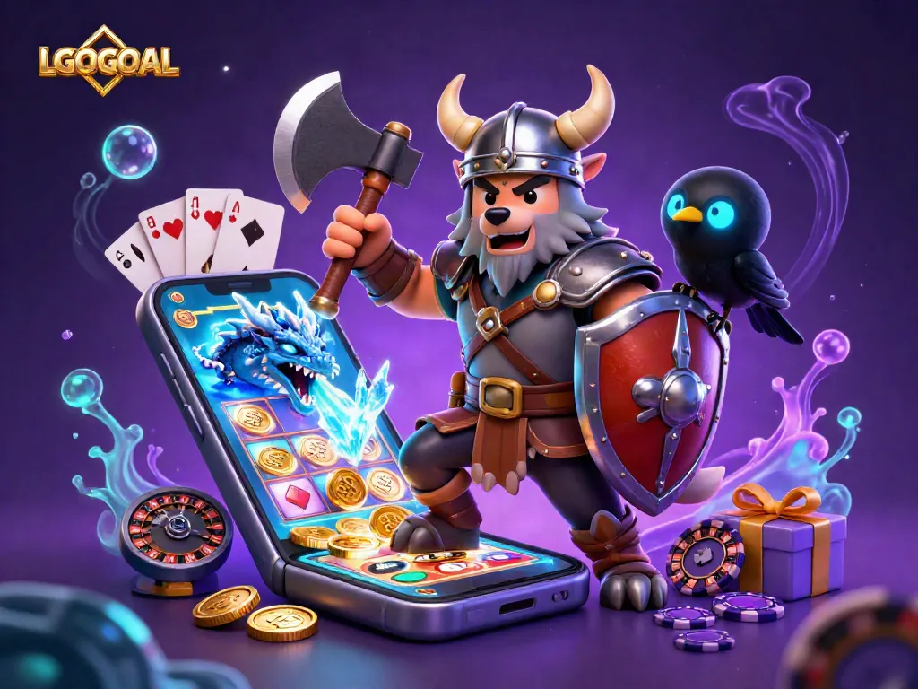 Spin and win with LGOGOAL in a vibrant 3D casino illustration featuring dynamic characters and game elements.