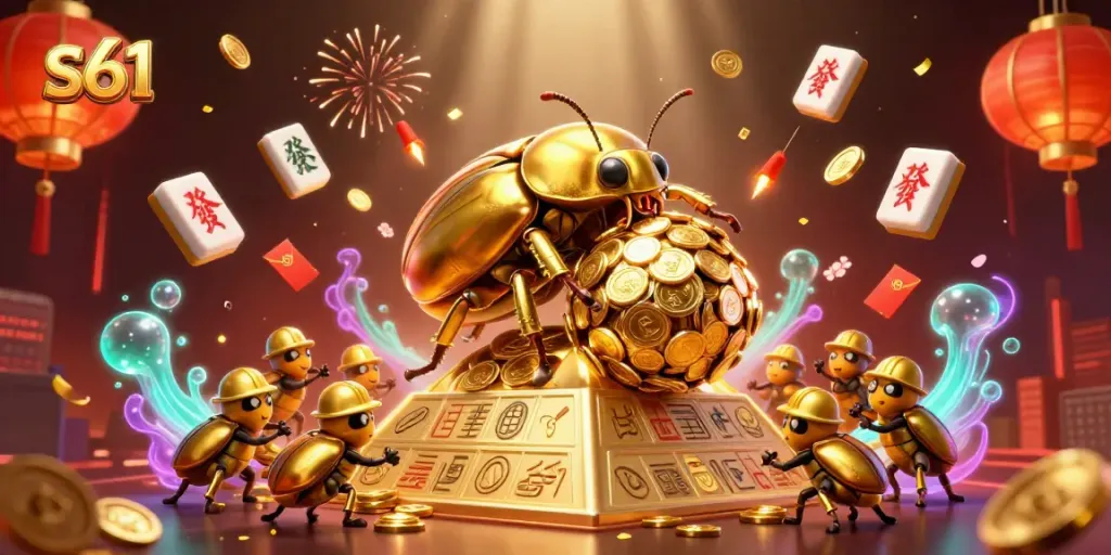 S61 gambling scene with golden beetles rolling coins and vibrant casino elements