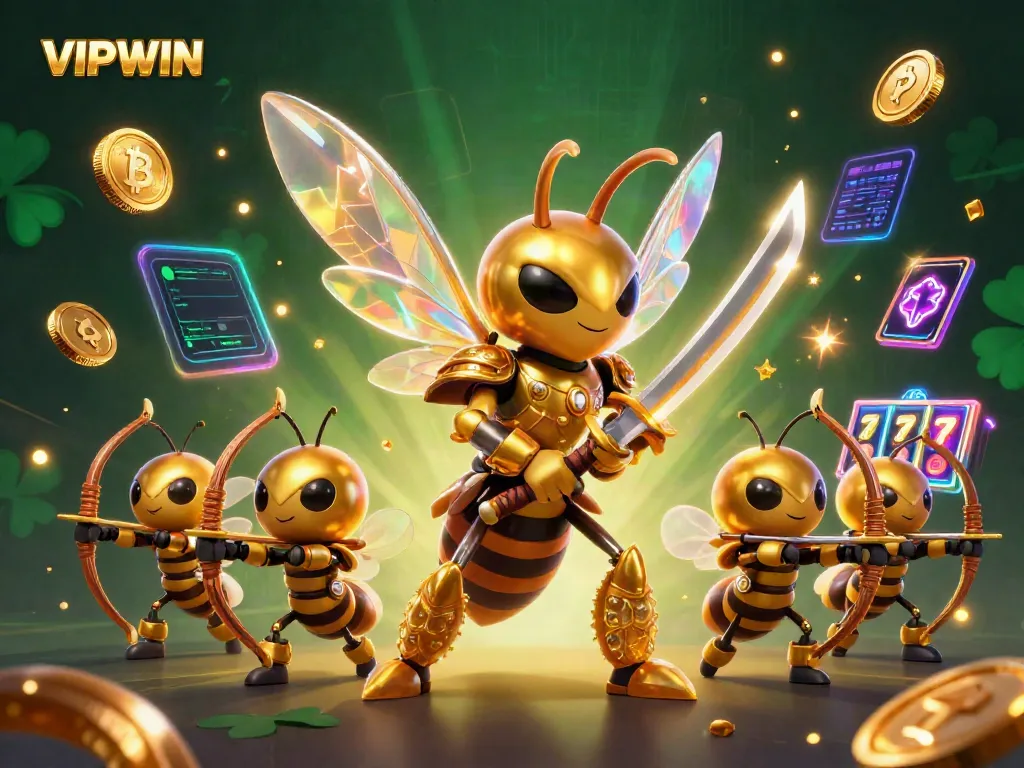 Engage with VIPWIN as the giant golden hornet wields katanas, surrounded by vibrant slot reels and crypto coins.