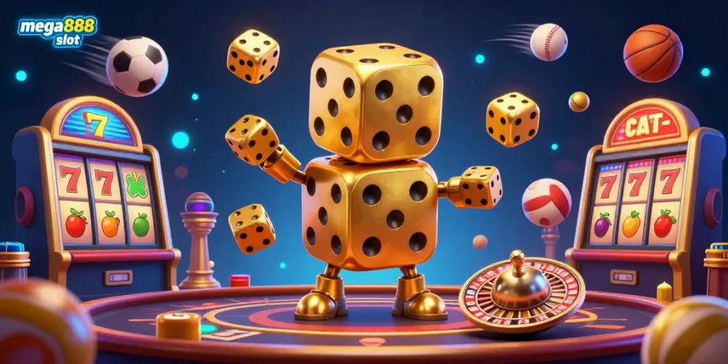 Spin the mega888 slot reels with golden dice, lively sports elements, and vibrant casino atmosphere.